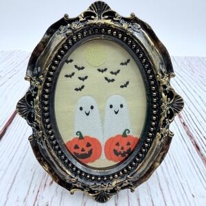 Halloween Ghost Pumpkin Decoupage Art Ornate Gold Black Oval Resin Frame